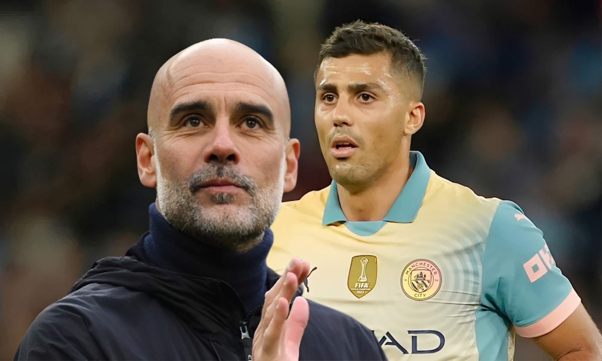 Pep Guardiola y una foto de Rodri Hernández. 