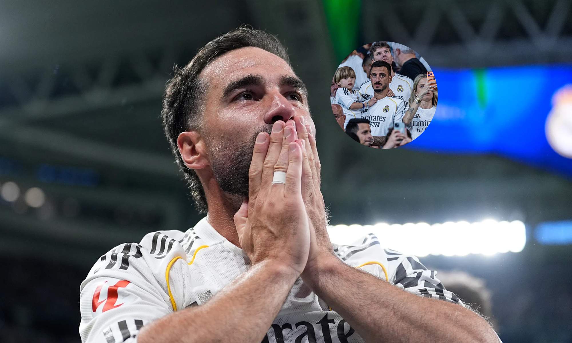 Dani Carvajal emocionado y Joselu Mato y su familia en la grada del Santiago Bernabéu.
