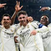 Fede Valverde, con Brahim Díaz y Vinicius Junior, celebrando un gol con el Real Madrid en un partido durante esta temporada.