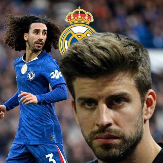 Gerard Piqué, Marc Cucurella y el escudo del Real Madrid. Gerard Piqué, Marc Cucurella y el escudo del Real Madrid.