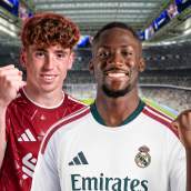 Ibrahima Konaté con la camiseta del Real Madrid y Víctor Muñoz con la del Liverpool. 